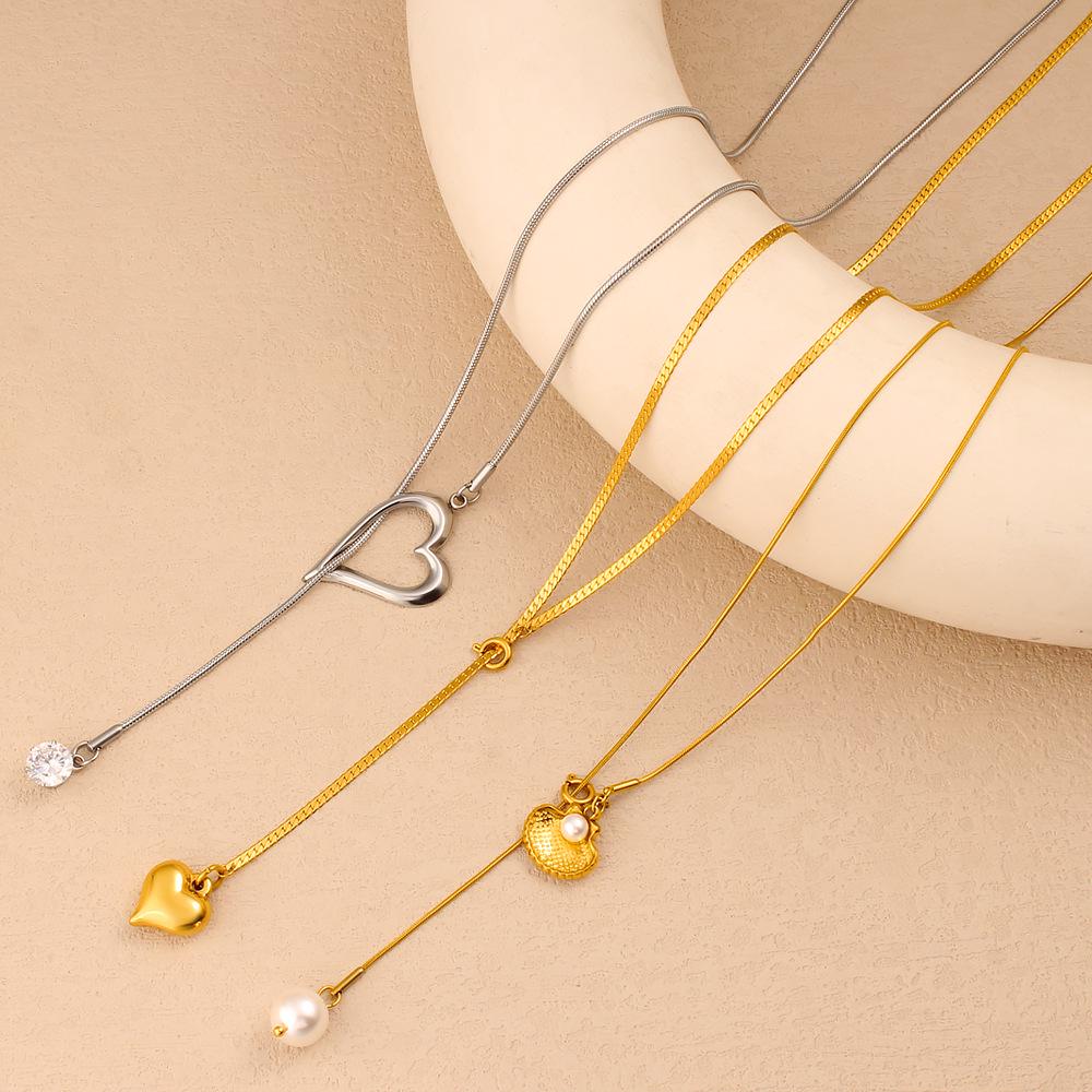 18K Gold Pearl Heart Pendant Zircon Y-Shaped Long Necklace, Double Layer Stackable Titanium Steel