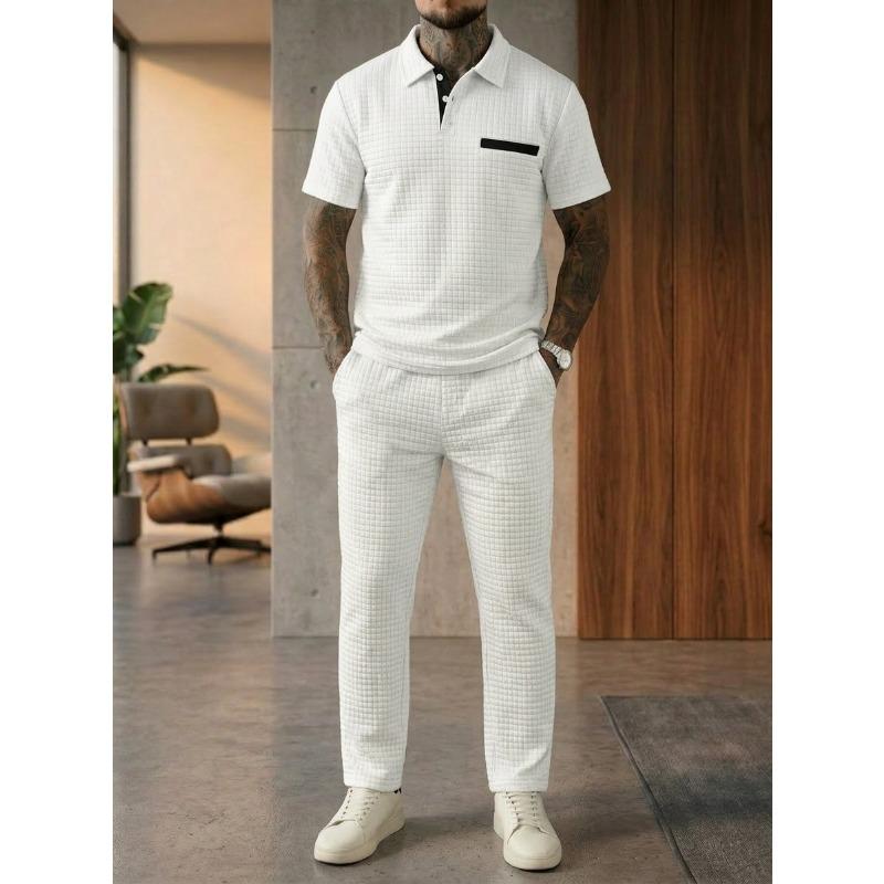 Solid Waffle Mens Casual Short Sleeve Polo Shirt And Long Pants Set