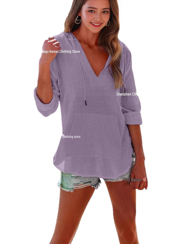 European & Asian 2025 Spring/Summer Women's V-Neck Long Sleeve Beach Hoodie with Pocket
