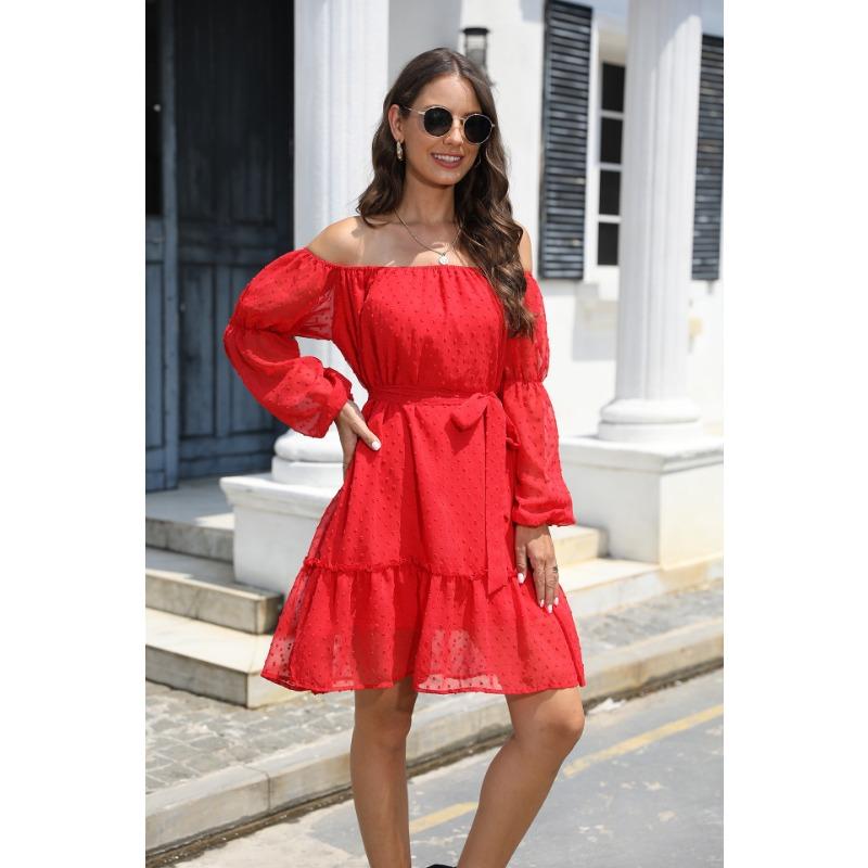Spring and Autumn Women's Dress Elastic Neck Long Sleeve with Lining and Belt Strapless Dresses