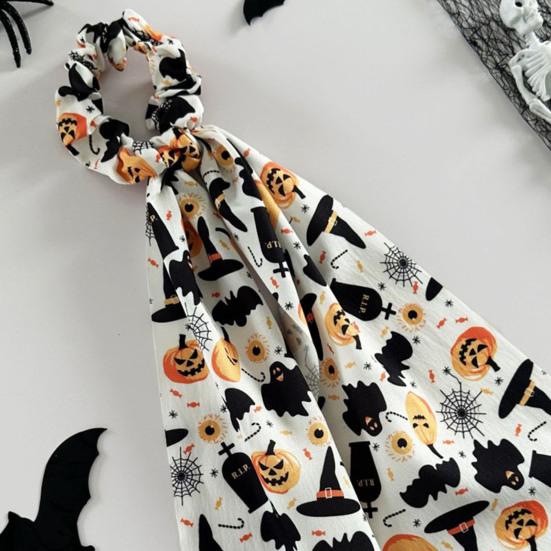 Halloween Ribbon Scrunchie Satin Scrunchies for Women, Funny Pumpkin Printed Elastic Hair Ties, Comfortable Band Soft Ponytail Holders, Decorative