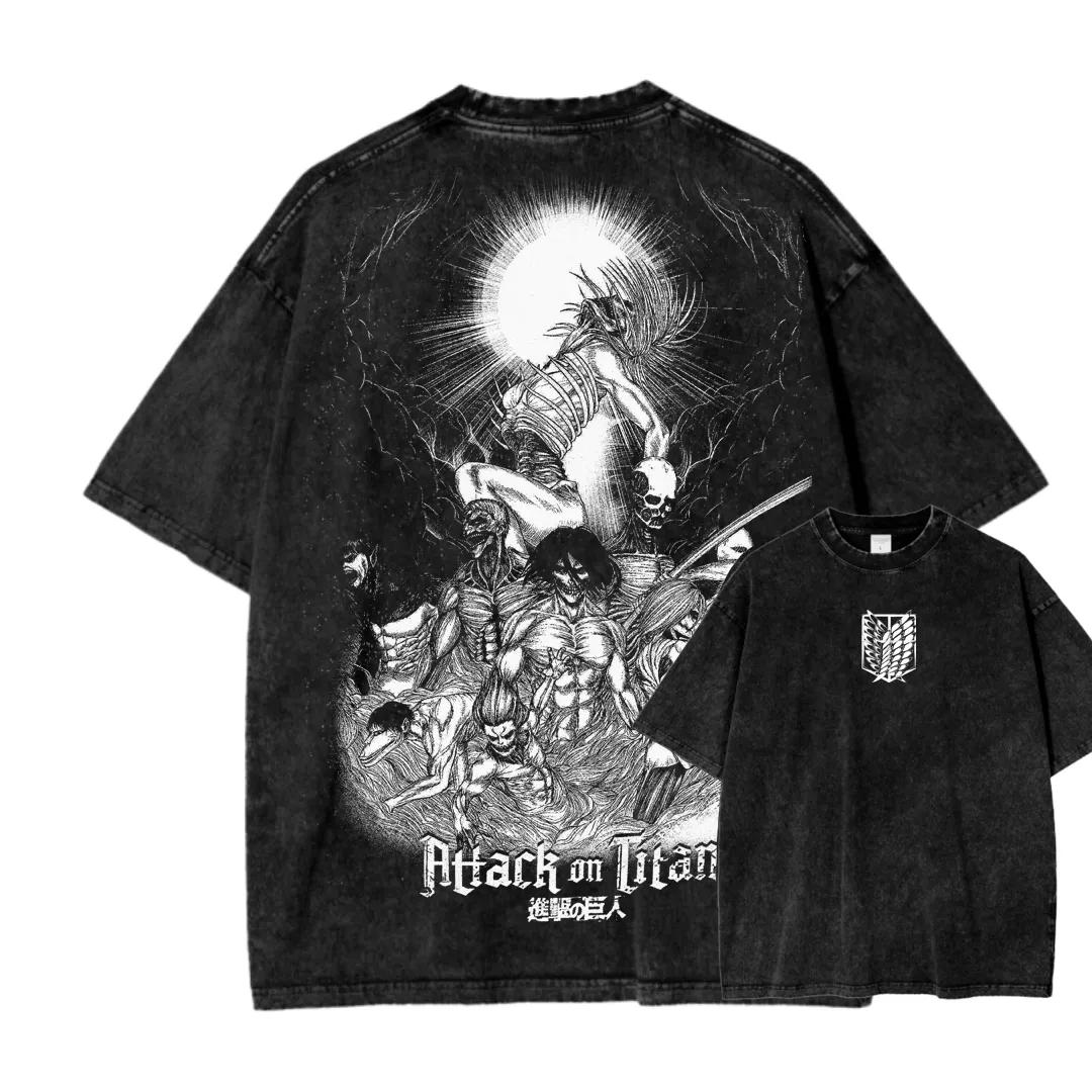 

Japan Hotblood Anime Attack on Titan Graphic Print Tshirt Unisex Women Retro Washed Cotton Tops Loose Harajuku Hip Hop Wind Tees S