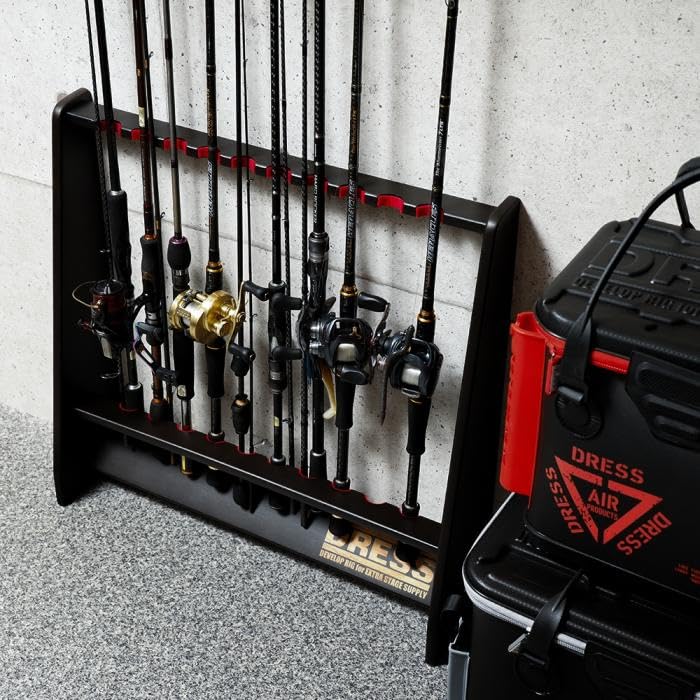 DRESS Wooden Rod Stand for 10 Rod Fishing Room Rods, Storage, Holder, Fishing, Gear, Rods, Stylish, Interior, Black,