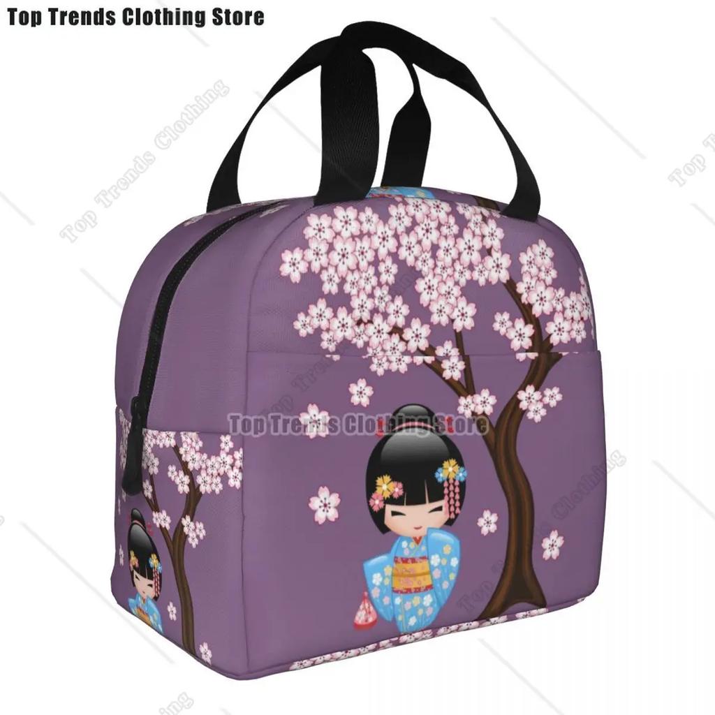 Japanese Keiko Kokeshi Doll Insulated Lunch Bag Cute Design Kimono Geisha Dolls Girls Cooler Thermal Bento Box Lunch Boxes