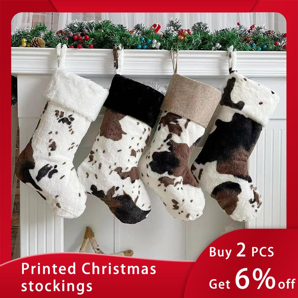 

Large Christmas Stockings 20-inch Christmas Gift Farmhouse Stockings Big Christmas Cow Print Stocking With Lanyard Fireplace