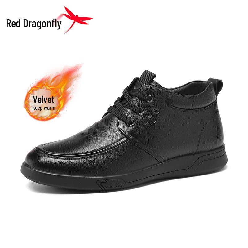 Red Dragonfly Men s High-Top Leather Winter Shoes: Casual, Thickened Fleece-Lined, Warm Cowhide for Men 42