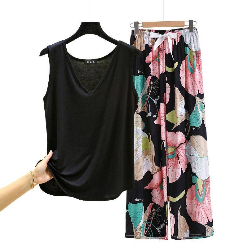 Lockere Modal-Pyjama-Sets Sommer V-Ausschnitt Tanktop und Florale Weite Hosen Lässiger Hausanzug ärmellos Loungewear Übergröße