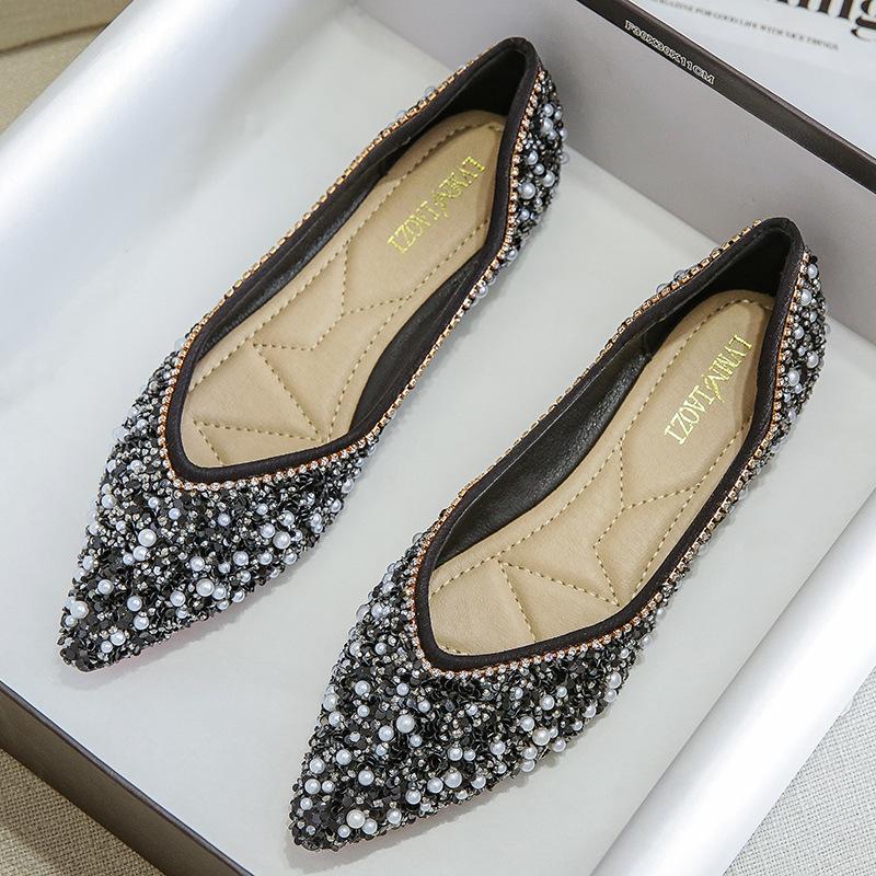 Fashion Luxury Pearl Rivets Flat Shoes Woman Crystal Beading Ballet Flats Bling Bling Ladies Party Shoes Green Loafers Big Size 43