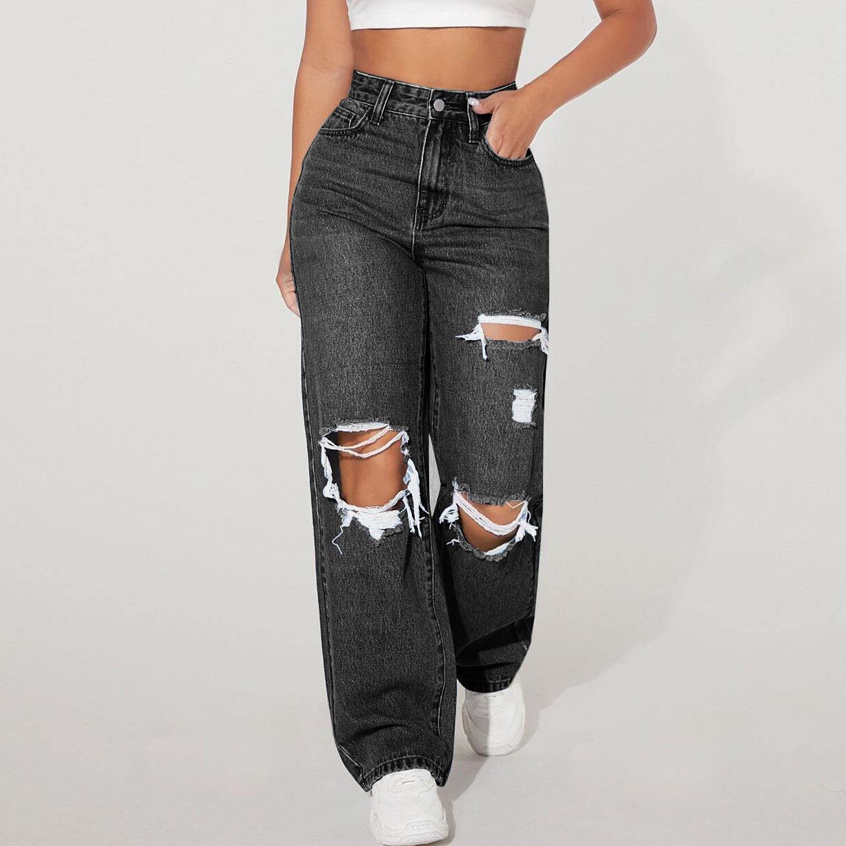 

Женские джинсы с прорезями на коленях Свободные Удобные и Повседневные Полностью Подходящие Прямые Микроэластичные Джинсы S