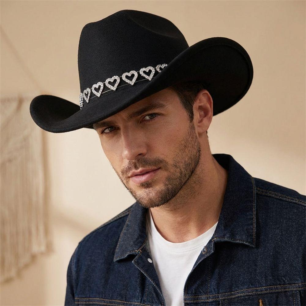 Fashion Breathable Jazz Knight Hat Wide Brim Heart-shaped Diamond Cowboy Hat Solid Color Sun Hat For Men Women