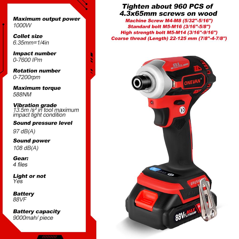 ONEVAN 588N.M Brushless Electric Drill Cordless Screwdriver With 3 LED Light 5 Speed Torque Lithium-Ion Battery For 21V 18V Tools