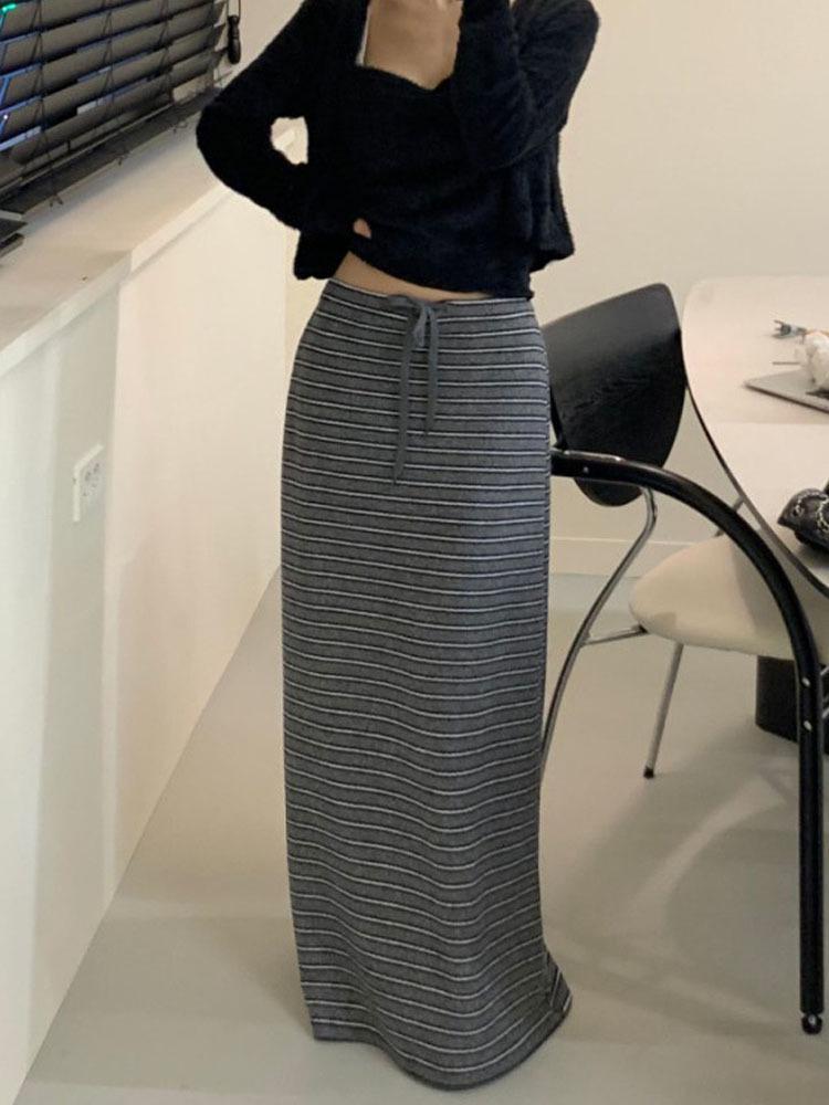 Korean Striped Color Block Lace-up Long Skirt - Spring/Autumn 2026 Collection