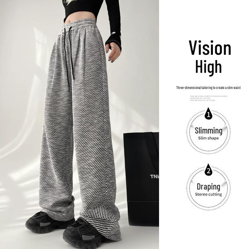 

Women s High-Waisted Striped Wide-Leg Pants - Spring/Autumn, 145-150 cm, Loose Fit XS (60-79 lbs)