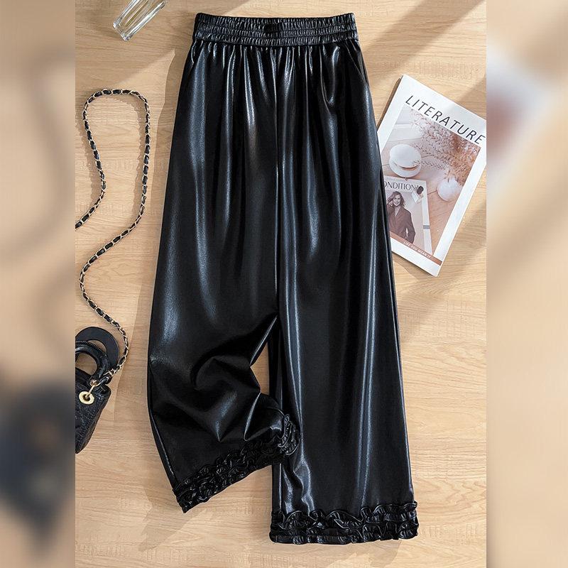 

Women s High-End Black Cropped Lace Leather Pants - 2026 Spring/Autumn Elastic Waist Slim Wide-Leg Trousers L /28 [Recommended for 105-115 jin] чорний