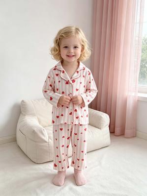 Toddler Girls Pajama Set Pink Stripe Red Heart Print Lapel Button Long Sleeve Shirt & Pants Soft Loungewear Pjs for Baby Girls 6M-3Y
