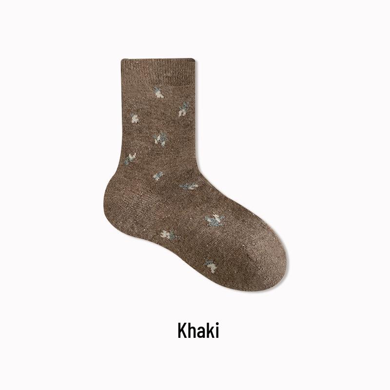 Women's Khaki Wool Mid-Calf Socks - Autumn/Winter Floral Scrunch, Cashmere-Blend, Thick & Warm