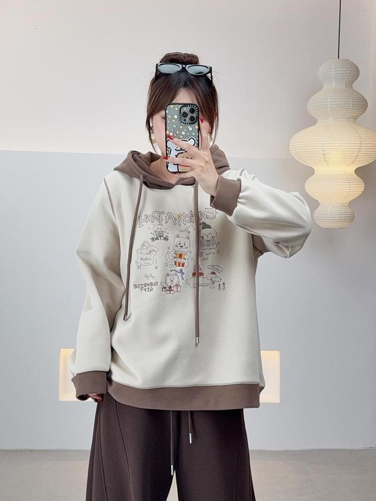 2025 Winter Plus Size Women's Cartoon Embroidery Hooded Fleece Sweatshirt W-260