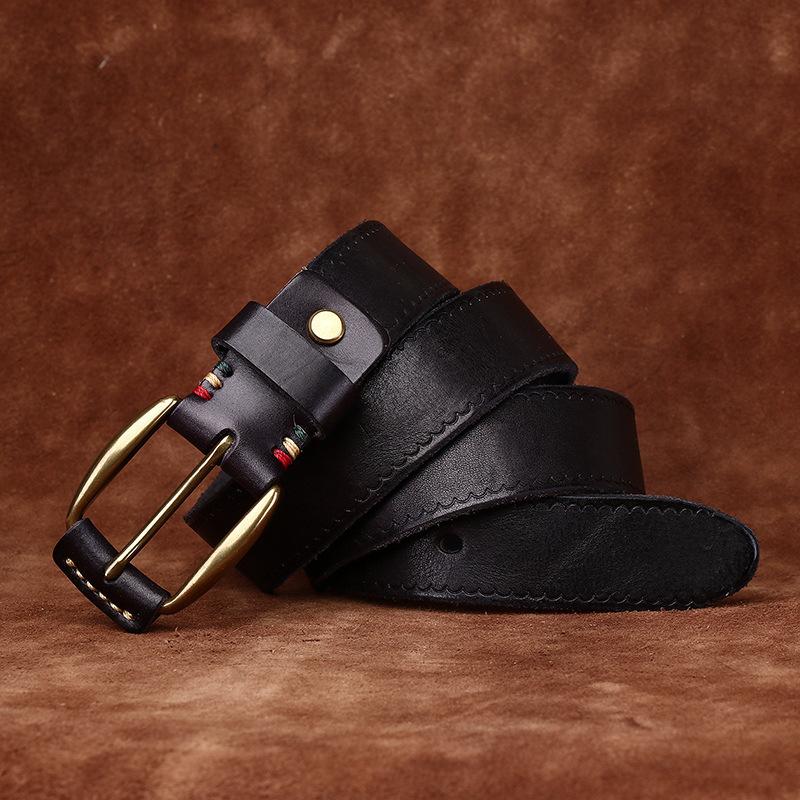 Retro Fashion Trend Versatile Copper Buckle Genuine Leather Belt Men'S First Layer Cowhide Old Pleated Jeans Belt Men'S