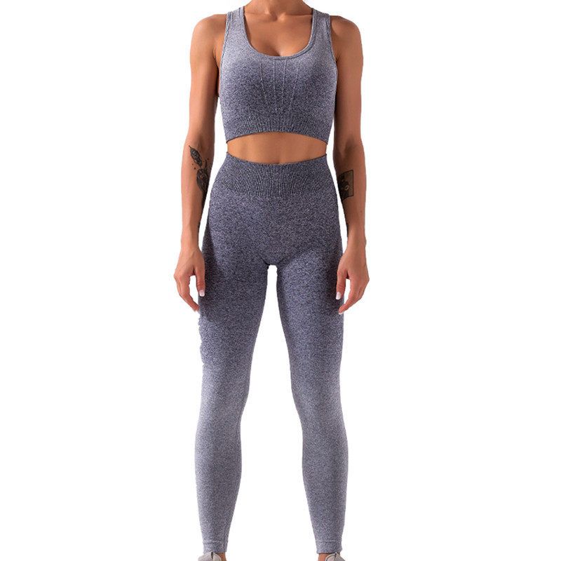 

Europe and America Cross Border New Seamless Gradient Color Yoga Clothes Suit Two-piece Set Women s Fitness Running Sports Shockproof Vest Gradient Gray M