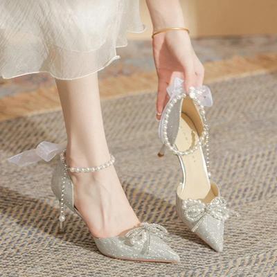 Fashion Women's High Heel Sandals 2025 Spring/Summer New Style Pointed Bow Pearl Fine Heel Shoes French Crystal Wedding Shoes