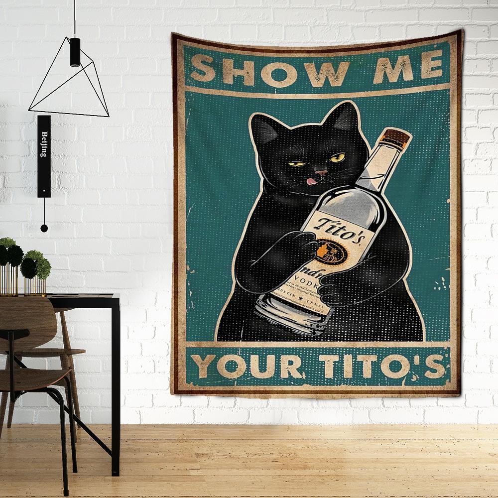 Wine Bottle Cat Tarot Tapestry Wall Hanging Kawayi Psychedelic Witchcraft Bohemian Living Room Dormitory Home Decor