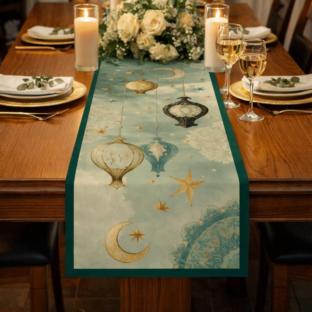 Vintage Moon Star Table Runner Washable Eid Mubarak Table Runner Dinner Table Cloth  Kitchen