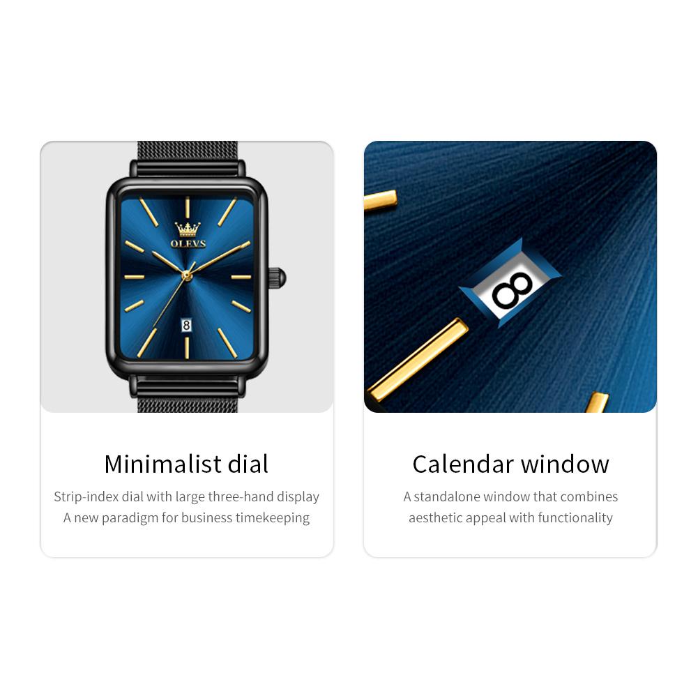 OLEVS Man Quartz Watch Rectangle Dial Calendar Waterproof Watch For Men Thin Case Simple Fashion Men's Wristwatch