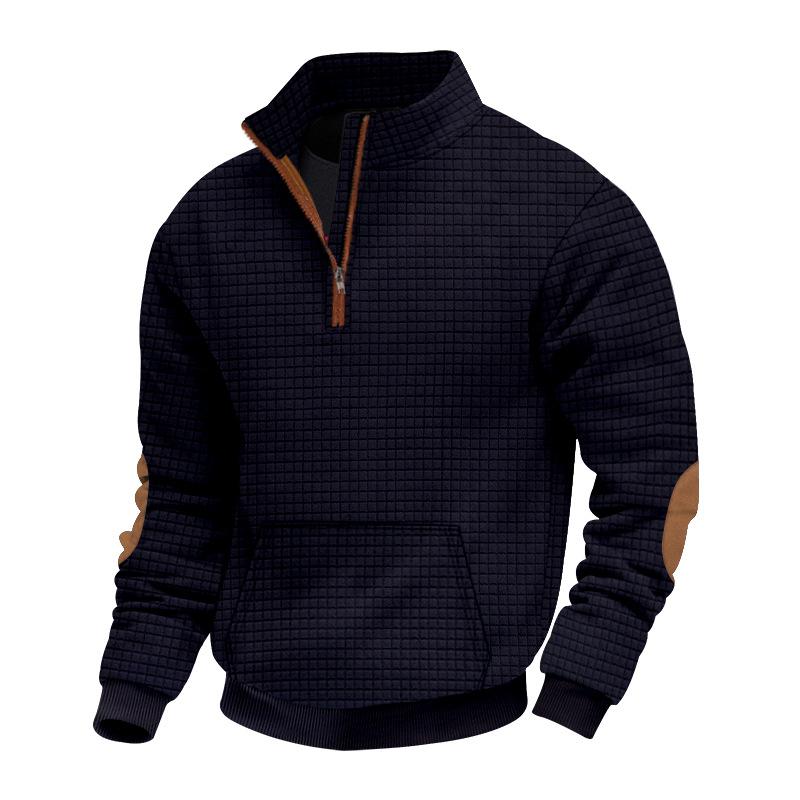 Fashionable Men's Casual Sweatshirt with Jacquard Small Check Embroidered Patchwork Stand Collar Loose-Fit Top