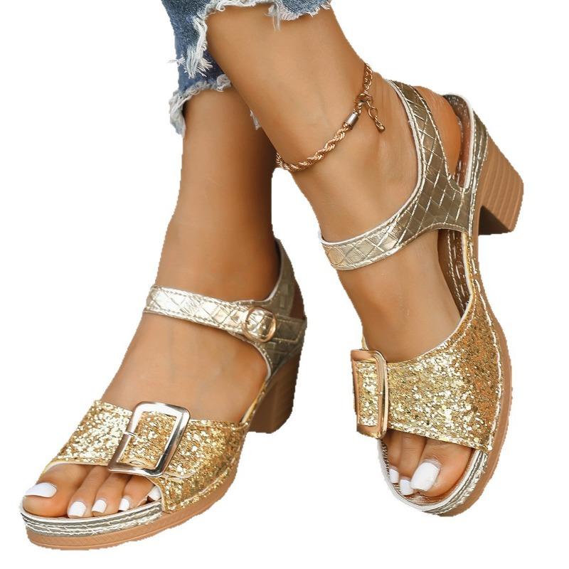 Large Size Sequined Velcro High Heel Sandals Women's New Buckle Thick Heel Fish Mouth Sandals Ebay