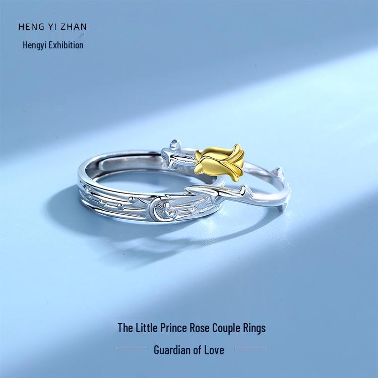 

Маленький принц и роза Регулируемые парные кольца из стерлингового серебра 999 пробы, Подарок для мужчин и женщин B743 - Women s