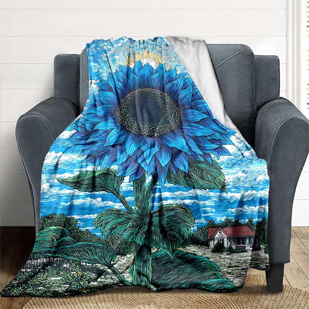 1pc Blue Sunflower Blanket - Lightweight Flannel Fleece with Digital Printing, Soft Warm for Sofa, Travel, Camping, Office yy251018251