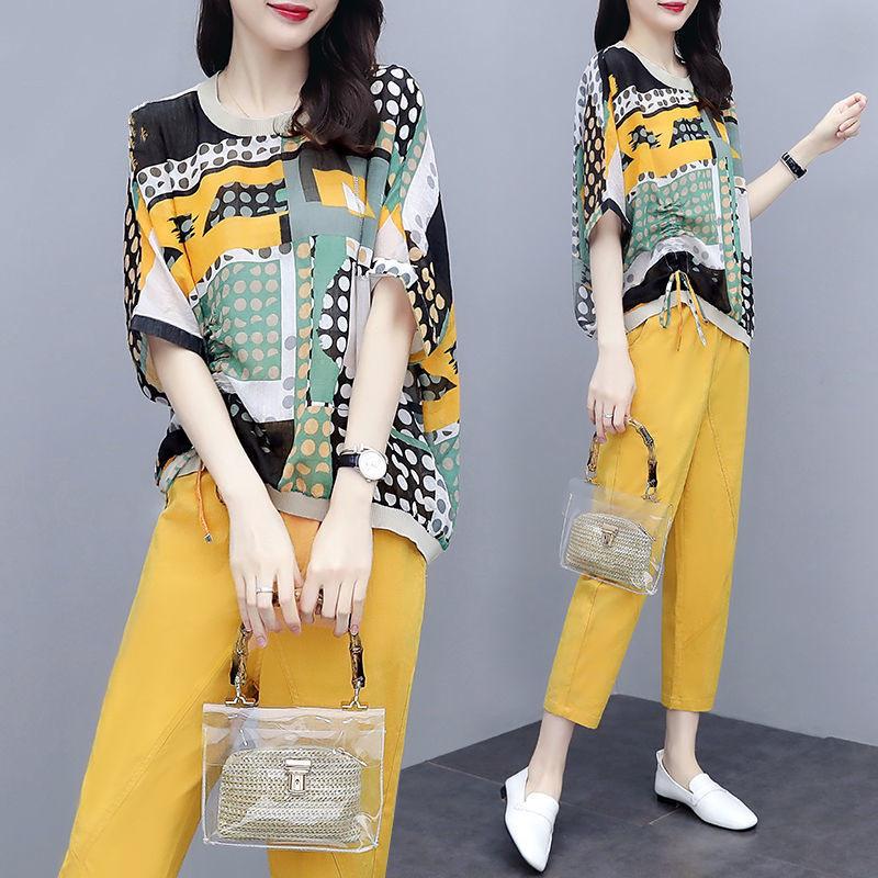 2025 Damen Übergröße Lässig Stilvoll Zweiteilig: Fünf-Ärmel Print T-Shirt & Neun-Punkte-Hose Set