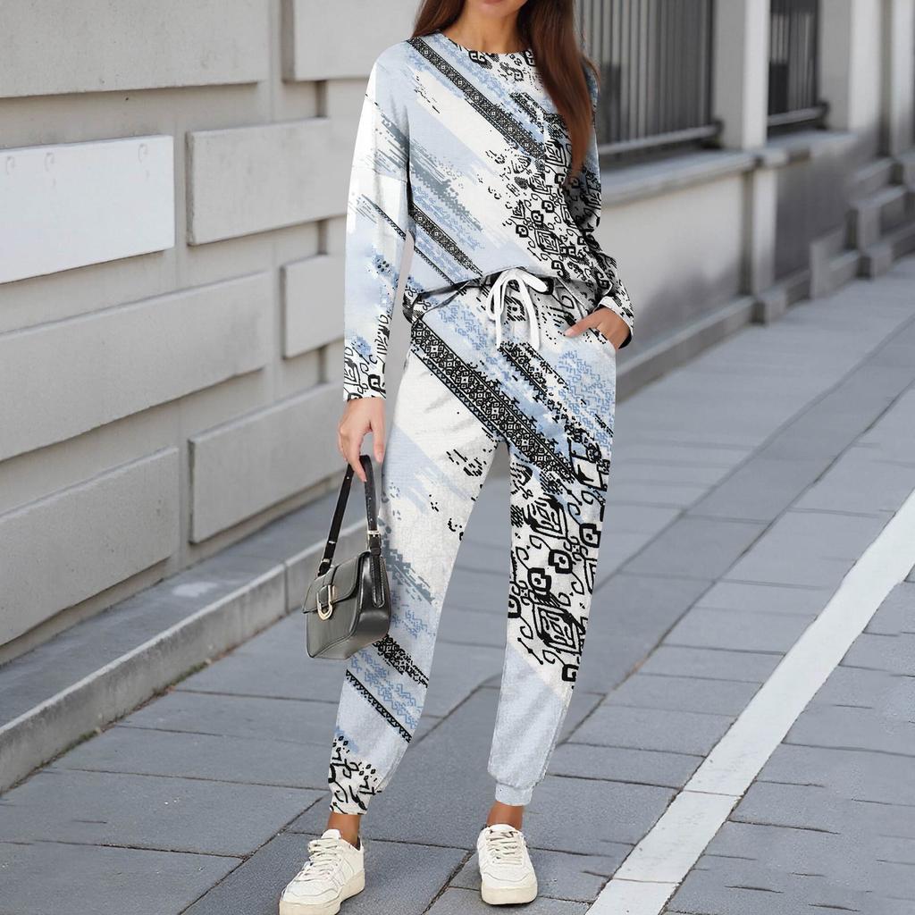 Sets für Damen 2-teilig Rundhals Langarmshirts Bedruckte Jogginghosen Taschensets