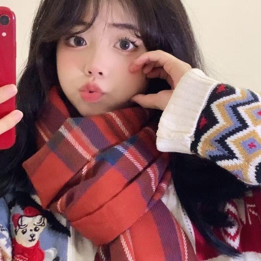 [One piece] Scarf women's new winter plaid to keep warm, advanced sense versatile and sweet student scarf