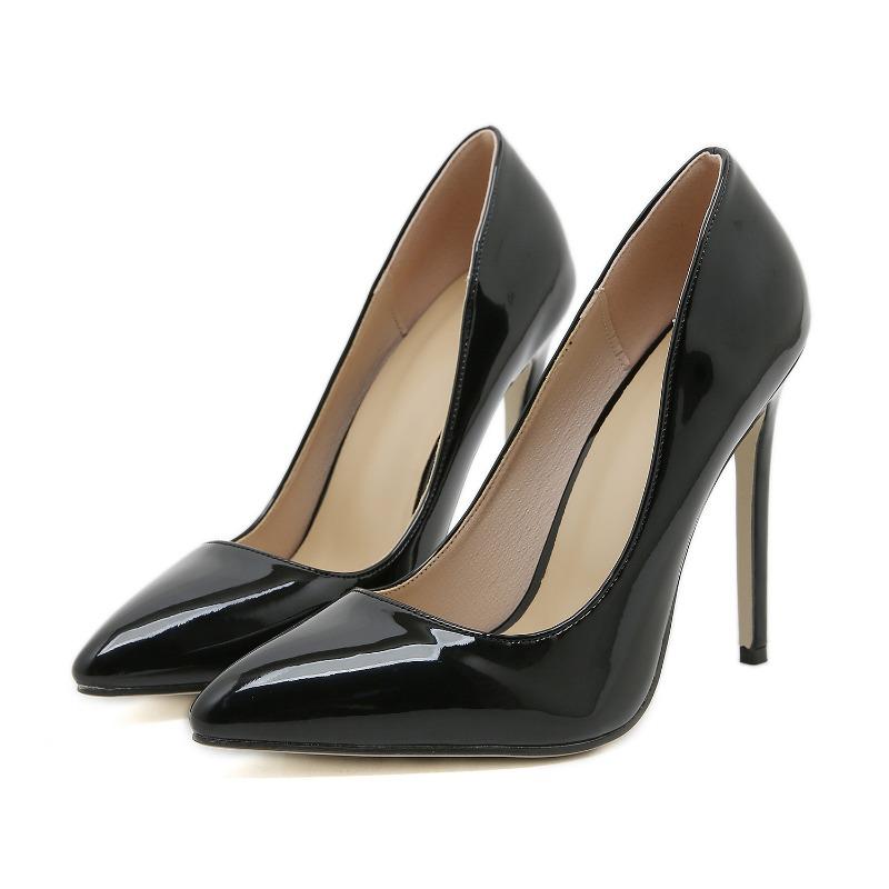 Classic Smooth Black High Heels Women's Shallow Mouth Fine Heels 11.3cm Women's Pointed Banquet Shoes Dress Shoes
