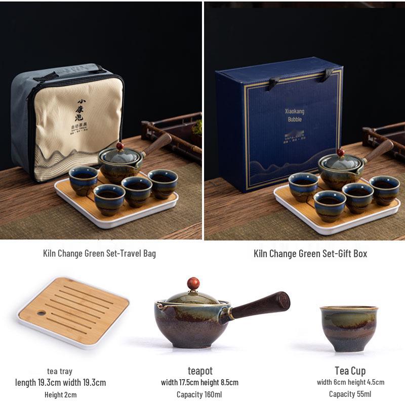 Portable Ceramic Kung Fu Tea Set with Bag – Includes One Pot, Four Cups, and Side Handle for Outdoor or Car Use