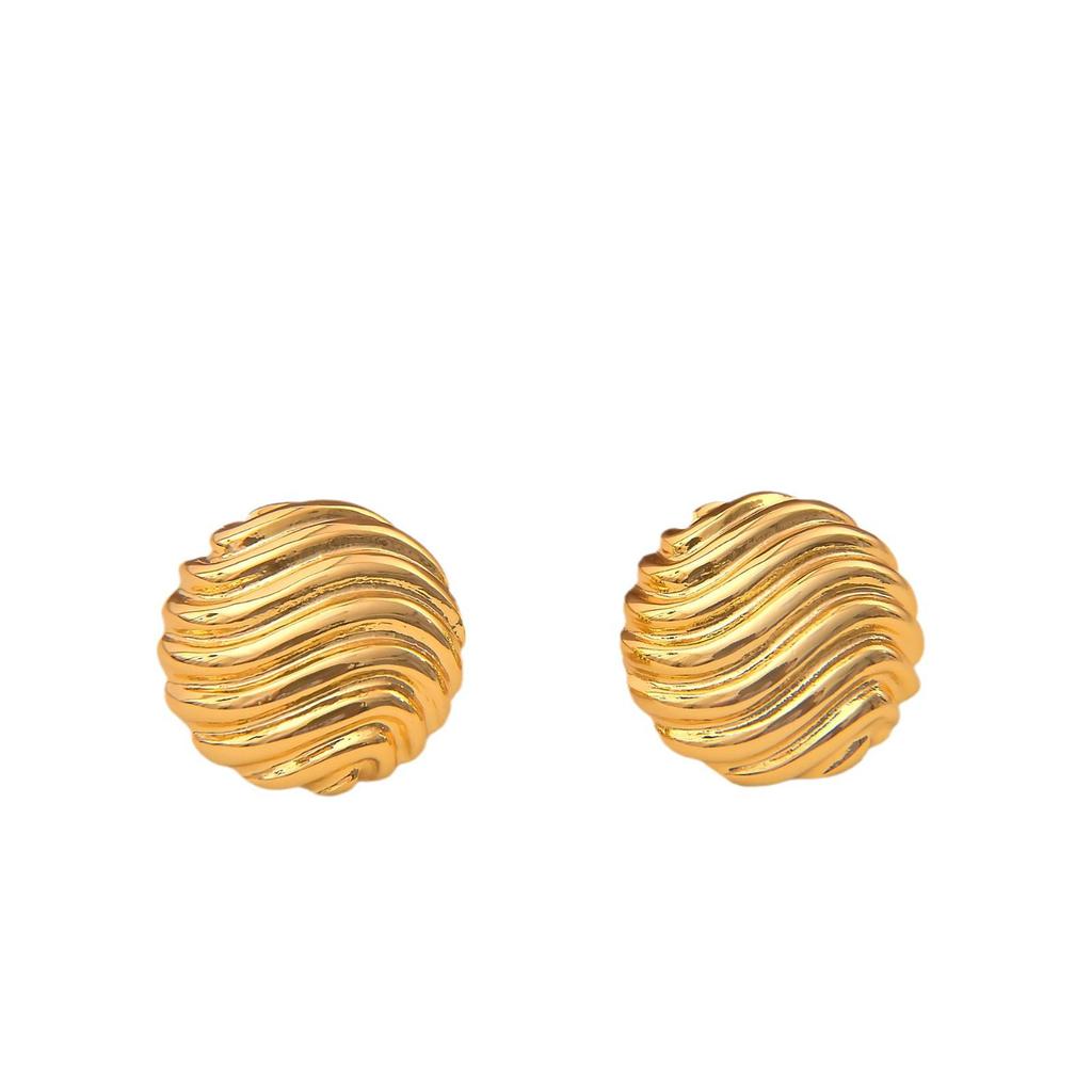 Retro Wavy Pattern Round Stud Earrings with Smooth Surface and S925 Silver Needle for Women.