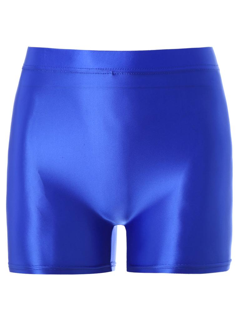 Womens Shiny Mid Waist Elastic Waist Shorts Swimwear Yoga Sportswear