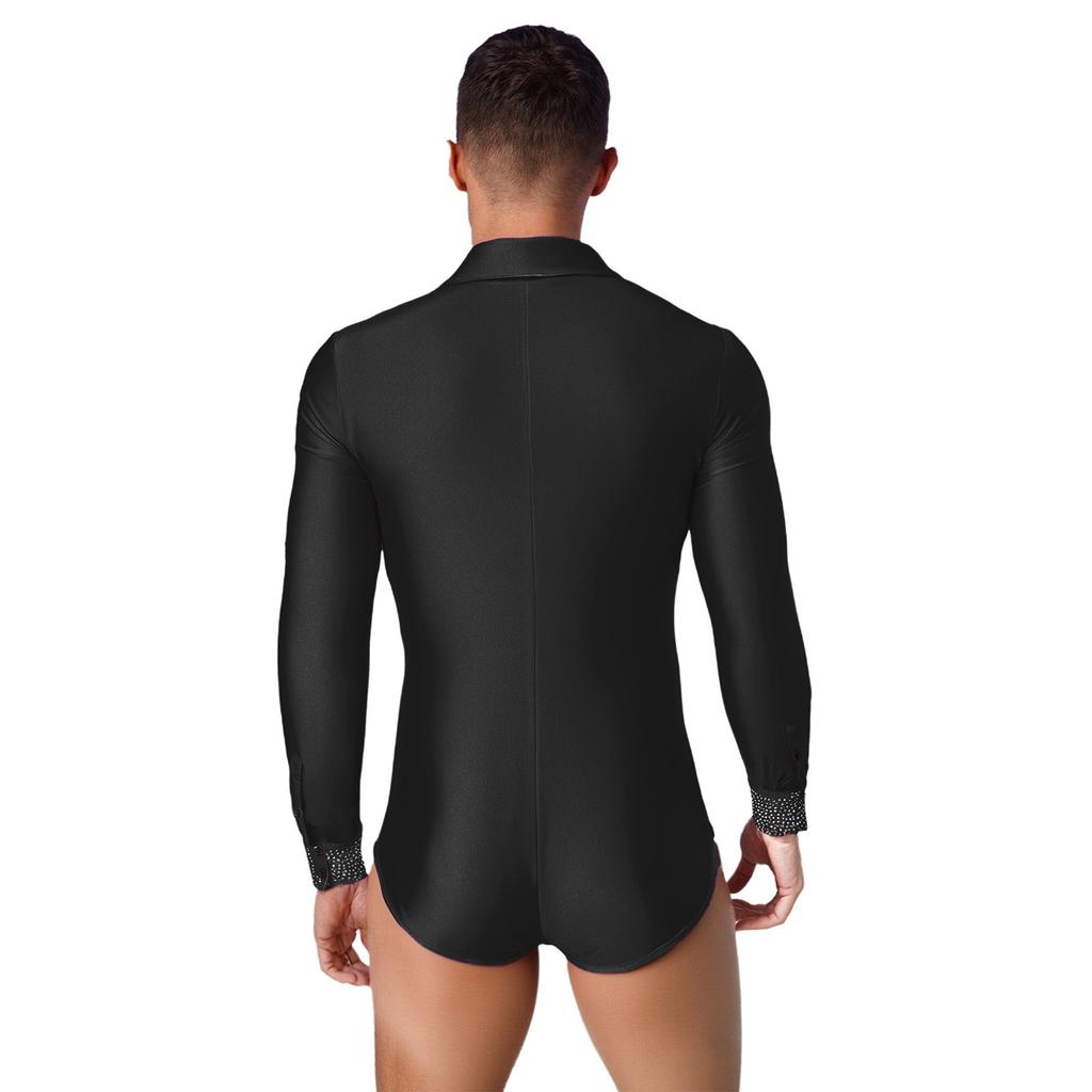Mens Shiny Rhinestones Latin Dance Leotard Turn Down Collar V Neck Long Sleeve Button Shirt