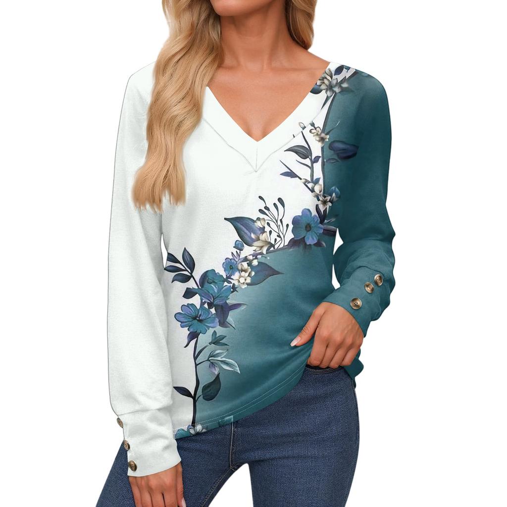 Damenoberteile Langarmmanschetten Button-Up-Hemd V-Ausschnitt Lässiges Lockeres T-Shirt Blumenoberteile