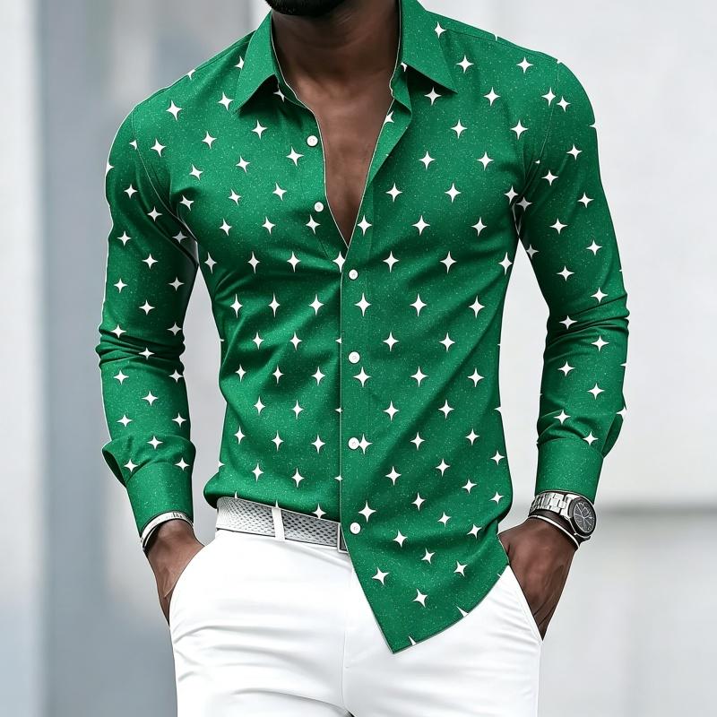 Men's Collared Long-sleeved Shirt, Classic Black Base with White Star Print, Slim Fit, Suitable for Commuting and Going Out.