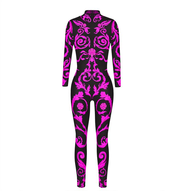 Woman Burnning Man Festival Outfit Female Party Catsuit Zentai Bodysuits Pink Green Print Costume Carnival Jumpsuit