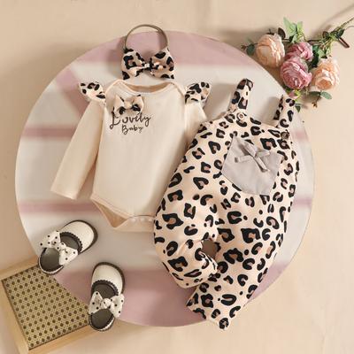 Long Sleeve Bodysuit with Letter and Print Overalls with Pockets and Headband Set