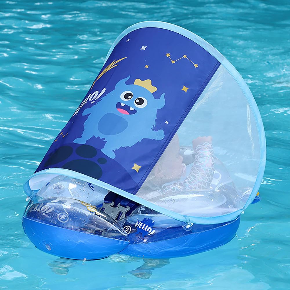 Baby Float with UV Removable Baby Summer Outdoor Summer Heat Protection Hand Pump Suitable for 3 Months 6 Years Old Children Roof, Foot-in Float,