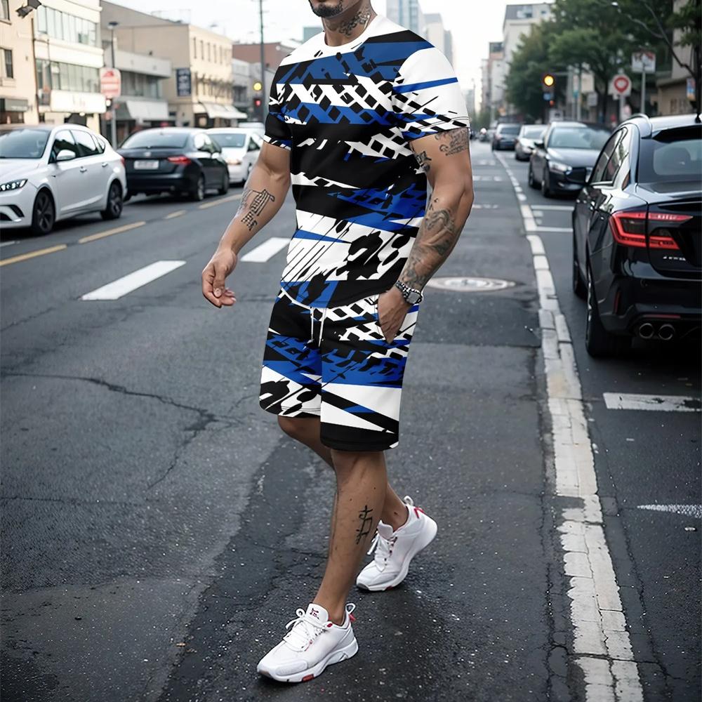 Summer men's casual 3D knife printed T-shirt set fashionable  creative O-neck T-shirt+shorts outdoor trendy sportswear