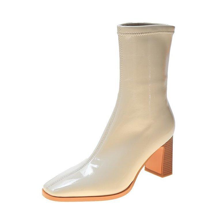 Fashion Women Patent Leather White Ankle Boots Women Autumn Fashion Slip On High Heels Boot Woman Pointed Toe Thick Heeled Short Booties