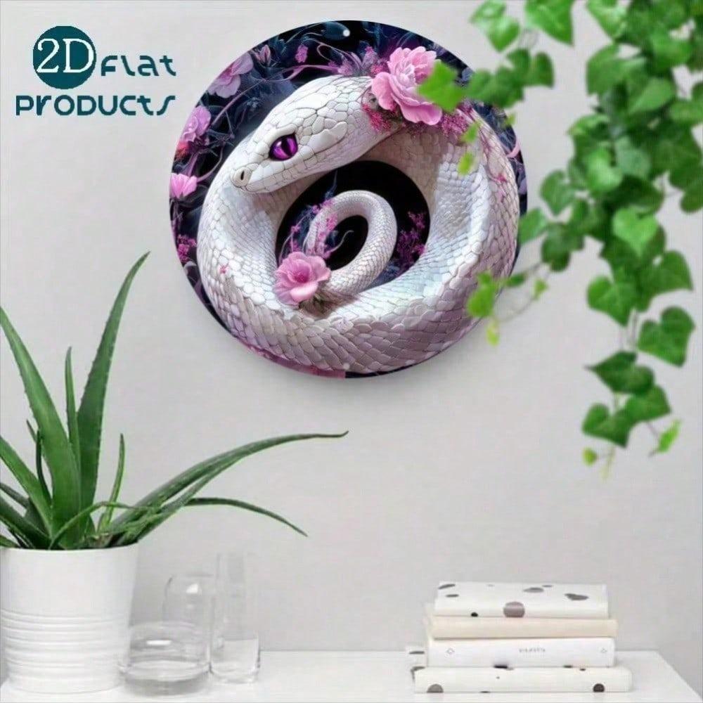 Vintage Floral Snake Aluminum Wall Art, Pink Rose Metal Decor 8x8 Inch, No Power Hanging Sign for Bedroom Kitchen Living Room