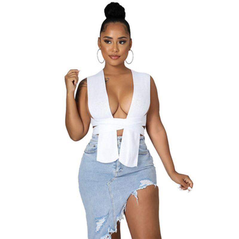 Solid Color Outerwear Thread Hollow-out Slim-Fit Short Top Hanging Neck