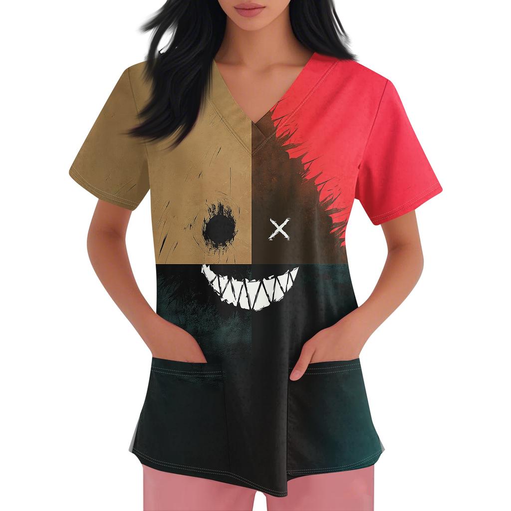 Women's Short-sleeved Halloween Print V-neck Pocket Protective Work Shirt