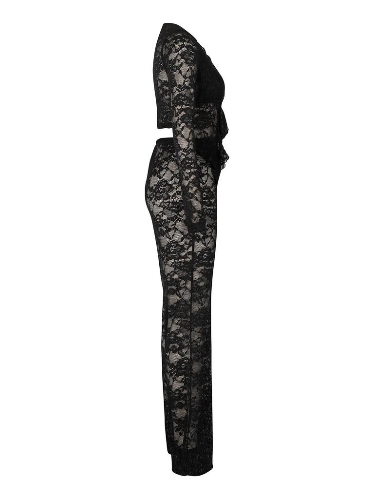 AL311 Women's Sexy Lace Flocking See-through Two-piece Set for Nightclub & Party